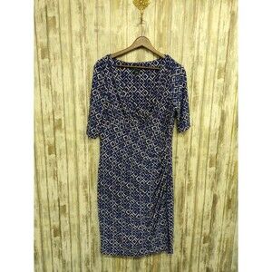 Lauren Ralph Lauren Faux Wrap Dress Ruched Blue White 3/4 Sleeve Old Money Sz 14